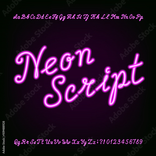 Neon script hand drawn alphabet font. Purple neon type letters and numbers on a dark background. Vector typeface for labels, titles, posters etc.