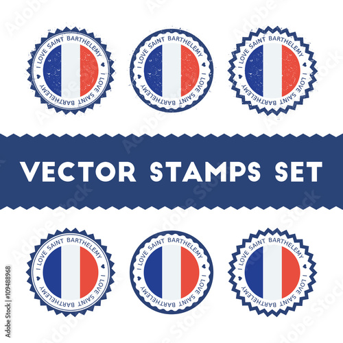 I Love Saint Barthelemy vector stamps set. Retro patriotic country flag badges. National flags vintage round signs. photo