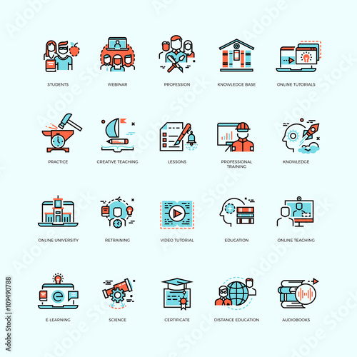 Distance education, online tutorials and courses, video training, staff training, digital library vector icons. Course education, technology education internet, e-learning ducation illustration