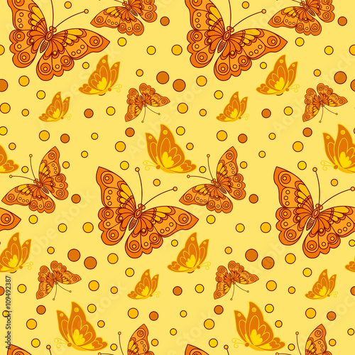 Seamless repeating pattern with colorful butterflies and circles