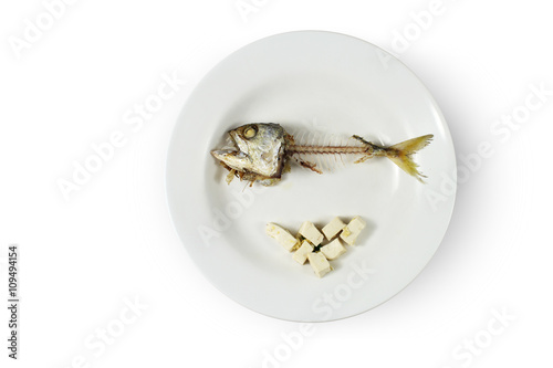 Fototapeta Naklejka Na Ścianę i Meble -  Fish skeleton and modicum foods on plate, Concept of food shortage, poor 