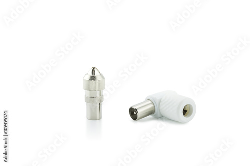 BNC connectors used for coaxial cable on white background.
