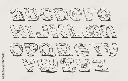 English hand drawn funky font from a to z. Calligraphy made with nib  decorated grunge alphabet  painted in freehand style. Isolated on background vector illustration. Letters made in unique style.