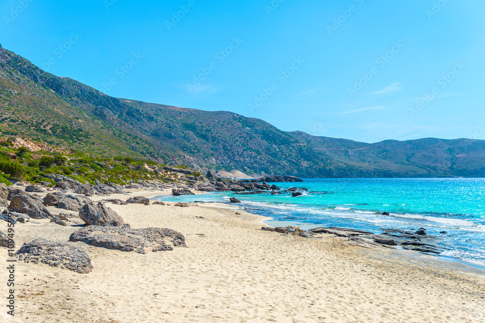 Beautiful wild Kedrodasos beach near famous Elafonisi (or Elafonissi).Scenic natural landscape at sunny summer day.District of Chania.Crete island.Greece.Europe.