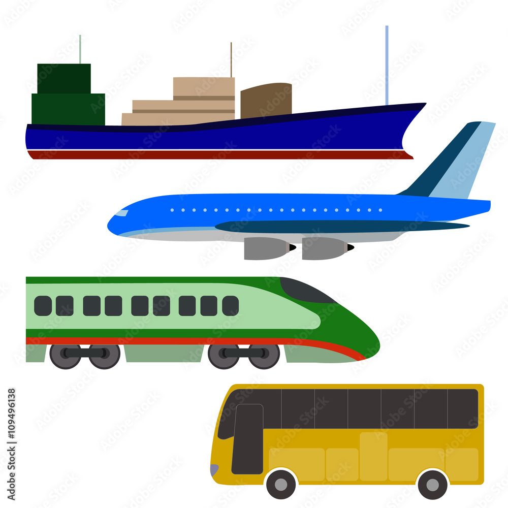 illustration of ship plane train and bus