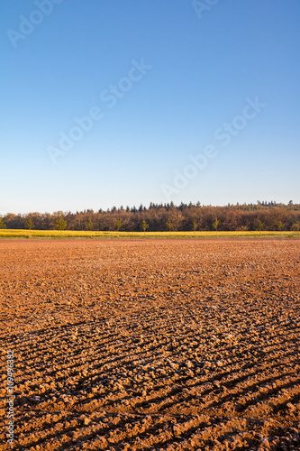 Spring landscape with plowed field and clear blue sky