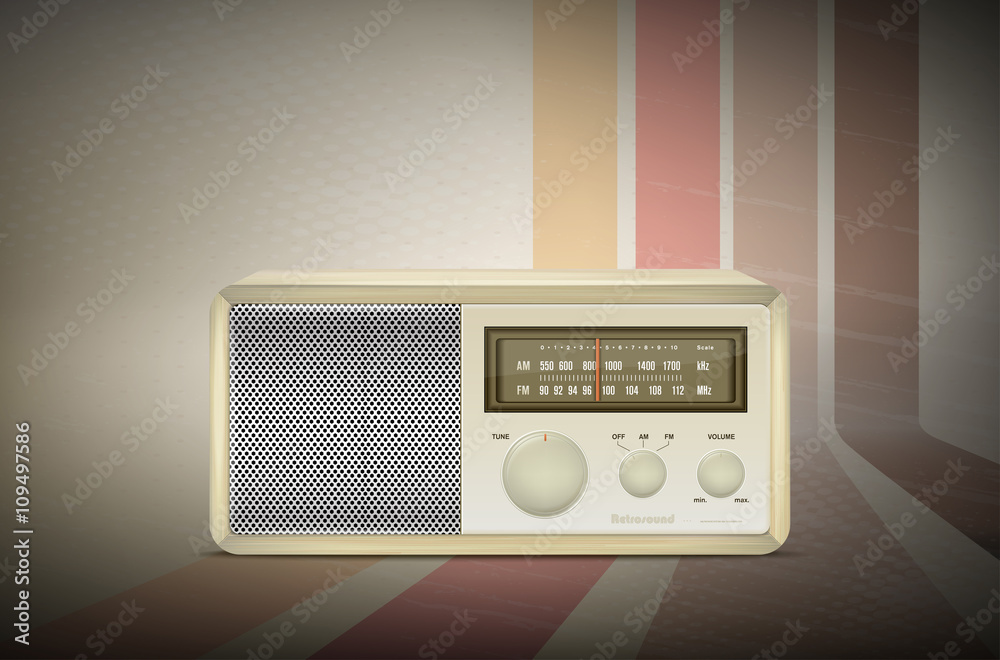 Fototapeta premium Vintage wooden radio on retro stripe background