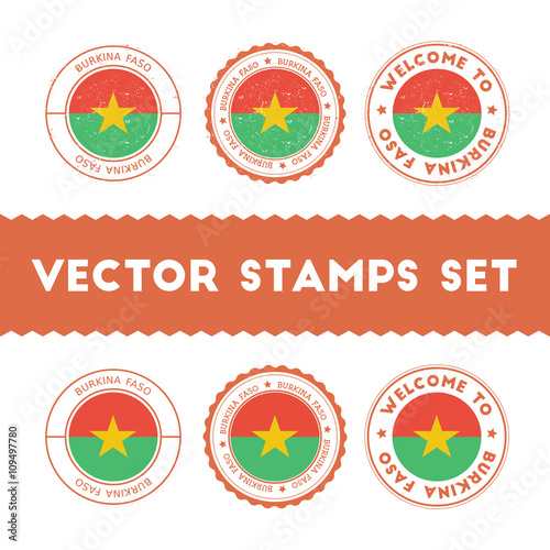 Burkinabe flag rubber stamps set. National flags grunge stamps. Country round badges collection.