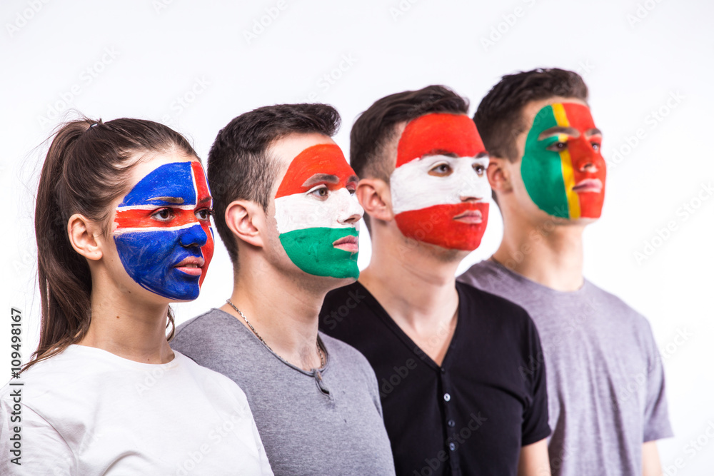 Fototapeta premium Face portrait of football fans support their national team: Portugal, Hungary, Iceland, Austria on white background. European football fans concept.