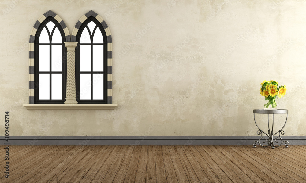 Empty retro room with gothic windows Empty retro room with gothic windows