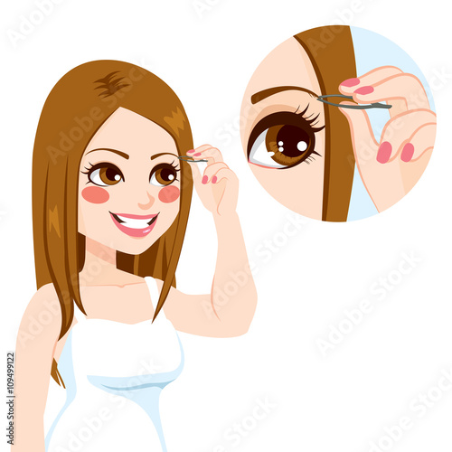 Beautiful young woman depilating eyebrow with metal tweezers