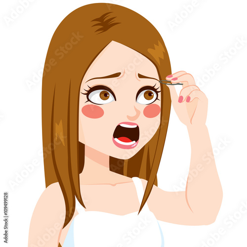 Beautiful woman in pain while doing eyebrow epilation with metal tweezers