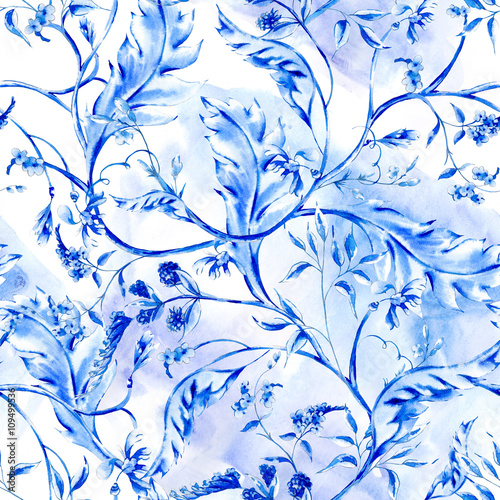 Blue watercolor flower seamless pattern