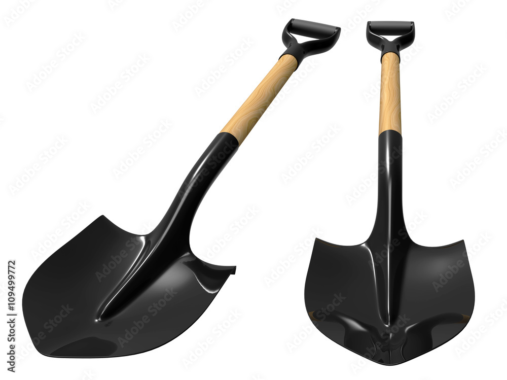 Shovel with wood handel set 3d illustration