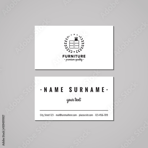 Furniture business card design concept. Furniture logo with commode and wreath. 
Vintage, hipster and retro style. Black and white.