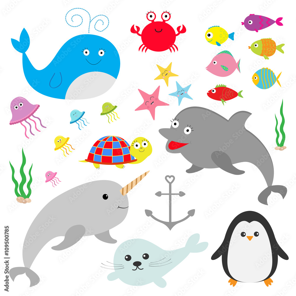 Obraz premium Sea ocean animal fauna set. Fish, whale,dolphin, turtle, star, crab, jellyfish, anchor, seaweed, waves Cute cartoon character collection Isolated White background Flat design