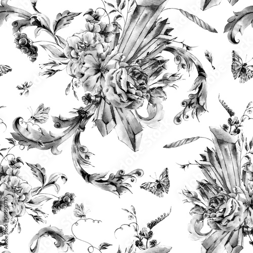 Wallpaper Mural Vintage monochrome seamless pattern with watercolor roses Torontodigital.ca