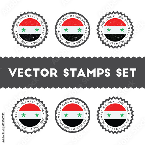 I Love Syrian Arab Republic vector stamps set. Retro patriotic country flag badges. National flags vintage round signs.