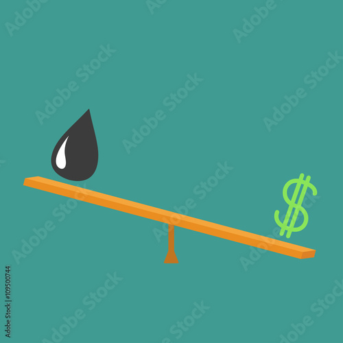 Balance between dollar and oil value. Dollar sign and oil drop on scale board. Seesaw icon. Business infographic. Green background. Isolated. Up down money value concept. Flat design photo