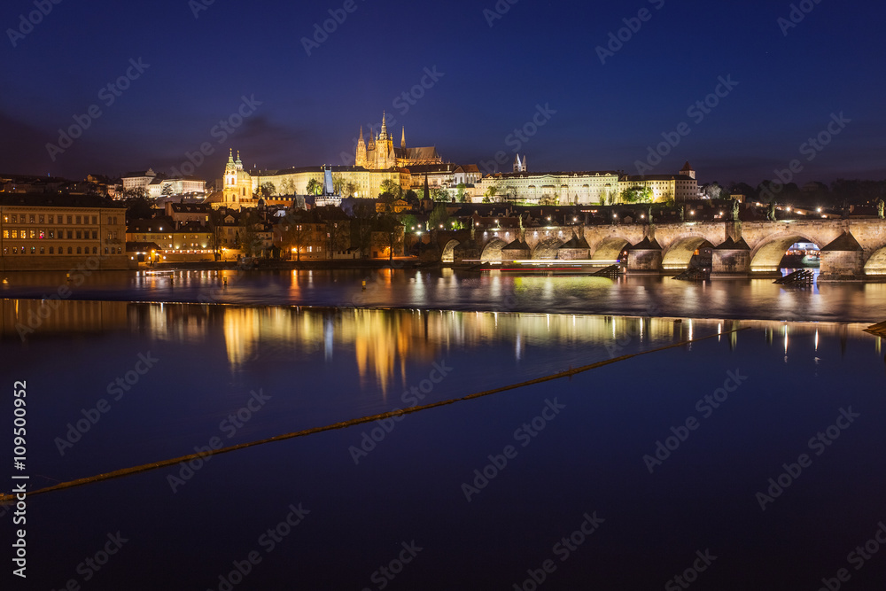 Prague city at night, Charles Bridge, Lobkowicz Palace, Hradcany