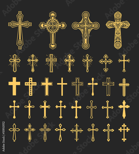 Cross icons set. Decorated crosses signs or ornamented crosses symbols. Vector illustration