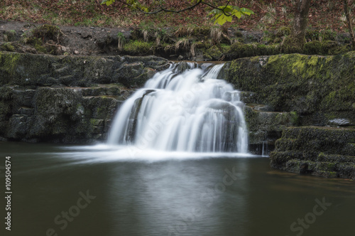long exposure shot of a small waterfall running in to a pool of water