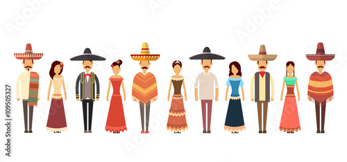 Mexican People Group Wear Traditional Clothes Full Length