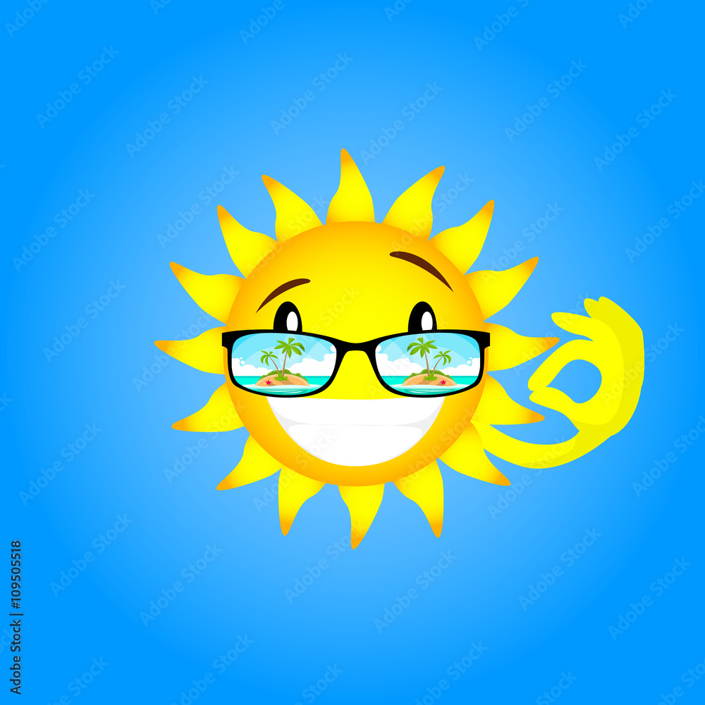 Sun Cartoon Character Wear Glasses With Tropical Island View Okay Gesture