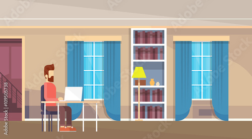 Casual Business Man Sitting Desk Working Laptop Computer Home Interior