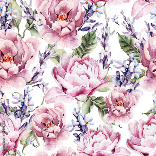 Fototapeta Naklejka Na Ścianę i Meble -  Watercolor seamless pattern with peony flowers and lavender. 