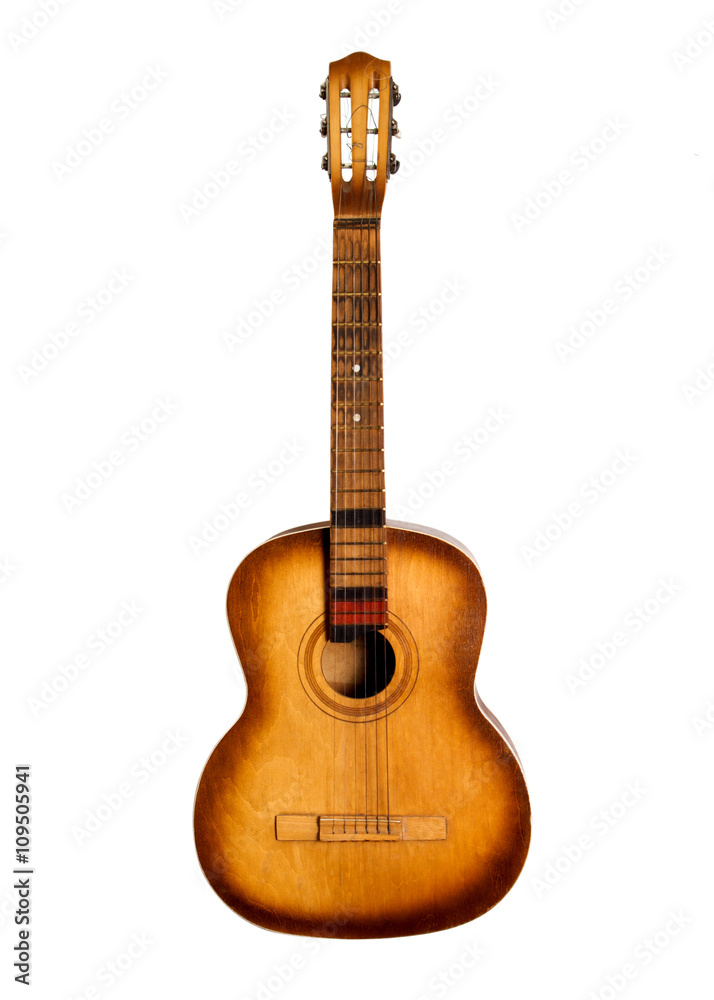 Old guitar on a white background.