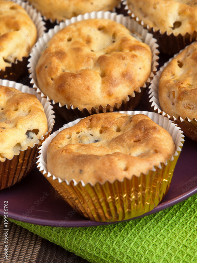 Savory muffins with ham, cheese and boiled eggs. Close up Savory muffins with ham, cheese and boiled eggs. Close up