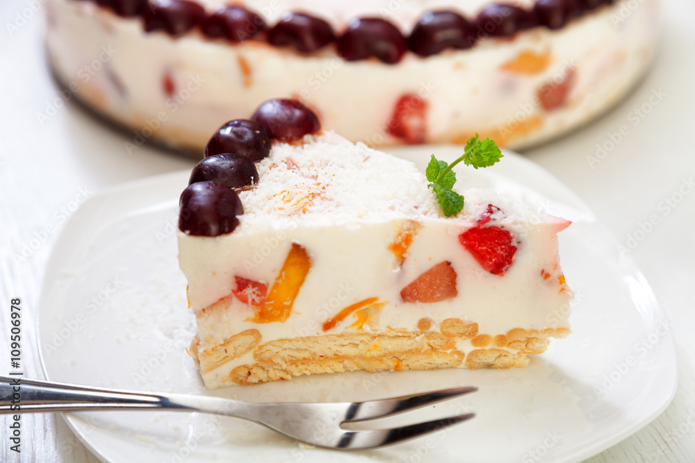 Cake with cherris, gelly yogurt and fruits. Isolated on white background. One piece in a white plate. Horizonta; shot Cake with cherris, gelly yogurt and fruits. Isolated on white background. One piece in a white plate. Horizonta; shot