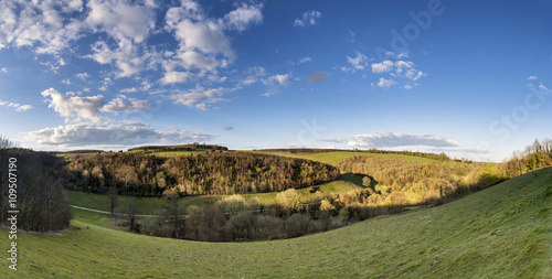 Beautiful large panorama landscape of countryside on bright Spri