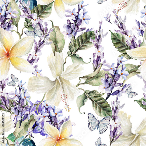 Papier peint Watercolor seamless pattern with hibiscus  flowers and lavender.