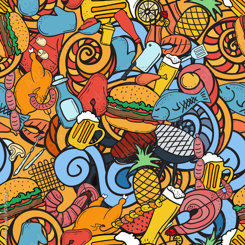 Vector hand-drawn seamless pattern doodle on the subject of grill and bbq. Barbecue seamless pattern. Vector illustration for web, mobile and print.