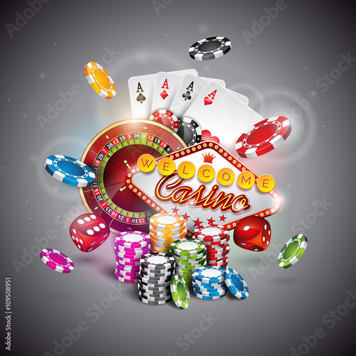 Vector illustration on a casino theme with color playing chips and poker cards on dark background.