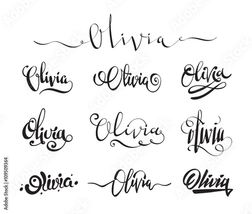 Personal name Olivia. Vector handwritten calligraphy tattoo design set