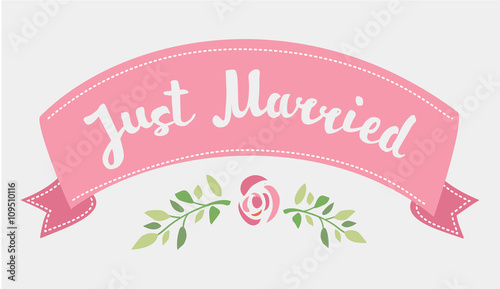 Lettering of text Just Married and pink ribbon 