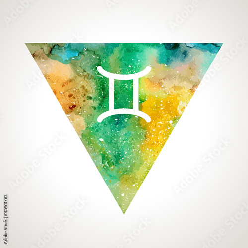 Gemini zodiac sign on watercolor triangle background. Astrology symbol