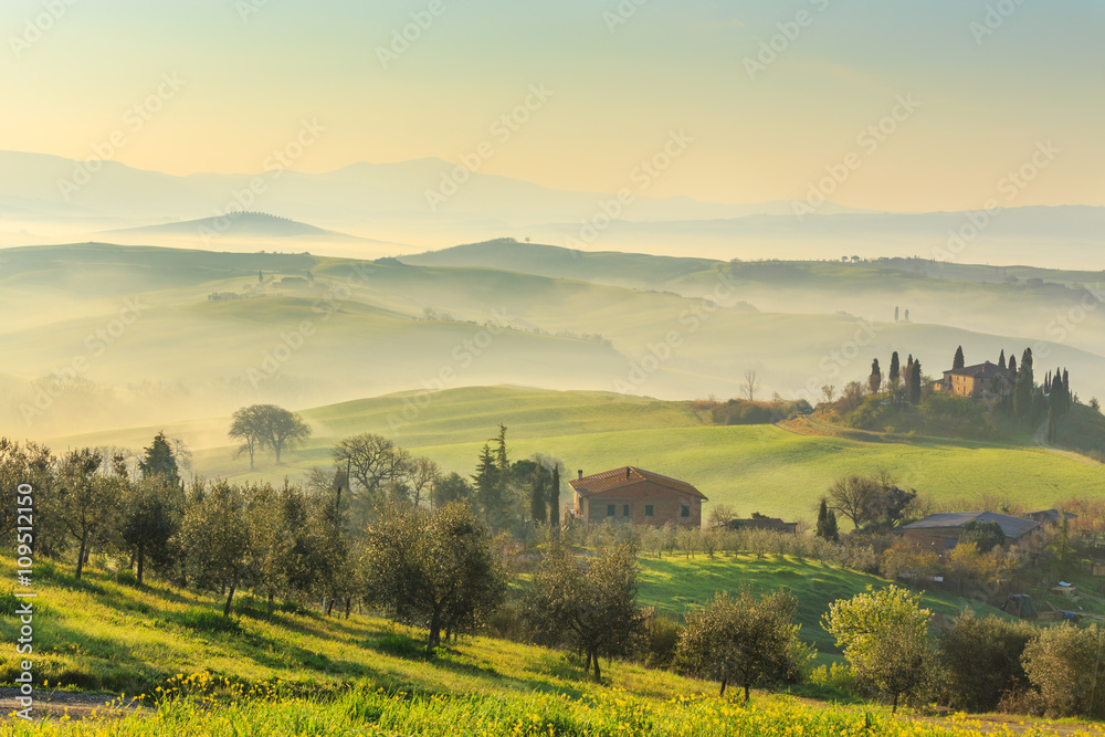 Misty sunrise in the Val d’Orcia, or Valdorcia, a region of Tuscany, central Italy, which extends from the hills south of Siena to Monte Amiata. 