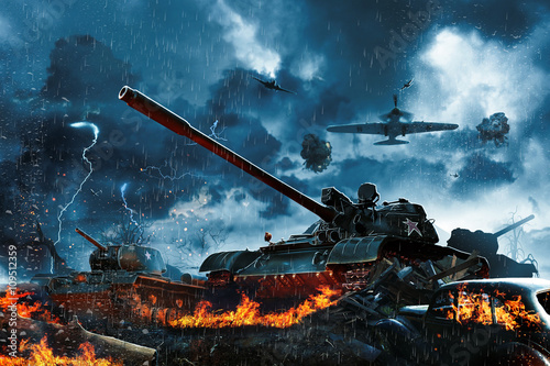Obraz na plátně Three tanks under fire from enemy aircraft