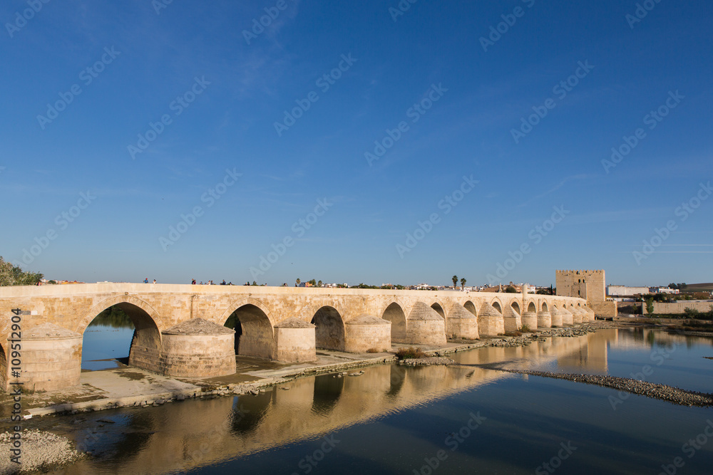 Roman bridge across the Guadalquivir river, built in the early 1st century BC in the Historic center of Cordoba, Andalusia, South of Spain
