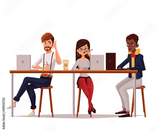 coworking, collaborative teamwork, vector cartoon comic illustration on a white background, isolated workers in office, Corporate Business Team Working Busy Concept, coworking center, Business meeting