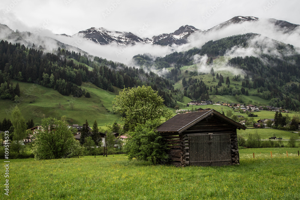 sanfte blühend Wiesen mit urigen Hütten und Heustadel vor idyllischer Bergkulisse in den Alpen