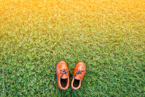 toy leather shoe on grass field texture background