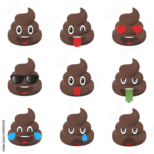 Set of poo icons. Shit emoticons. Poop emoji faces isolated. 