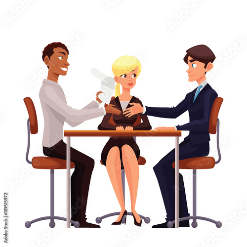 Talks at table, vector comic cartoon on a white background, a job interview, discuss important issues of a corporate, Young businessmen handshaking after negotiation,  offering his partner 