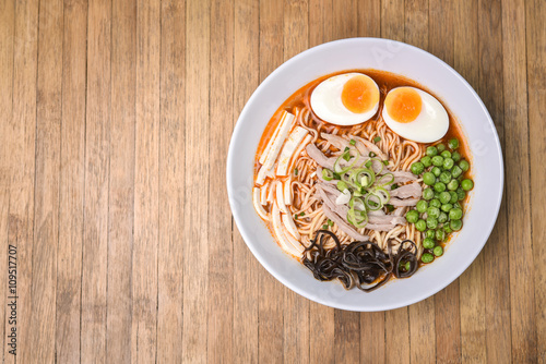 Spicy Tom Yum, Creamy Pork Ramen with Egg, Sugar Pea, Tofu and M