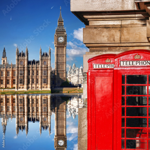 London symbols with BIG BEN and red PHONE BOOTHS in England, UK